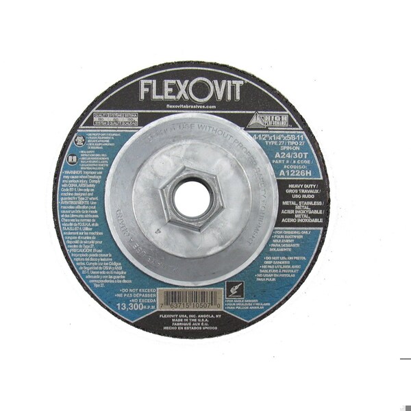 Flexovit HP Heavy Duty Depressed Center Grinding Wheel, 4-1/2 in Dia x 1/4 in THK, A24T Grit, Aluminum Oxide A1226H - main